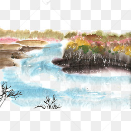 秋季的河流水墨画png免抠素材