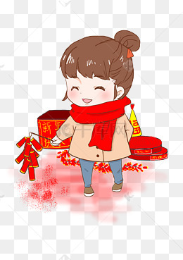 新年鞭炮手绘卡通人物png素材
