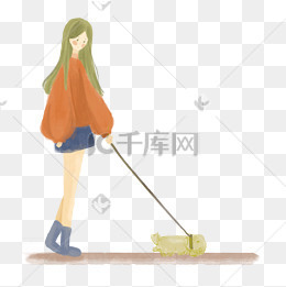 水彩风牵着狗的女孩手绘免抠图