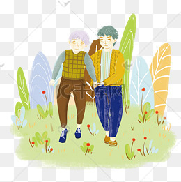 关爱老人陪老爷爷散步卡通插画