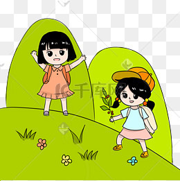 小女孩登山踩菊花插画