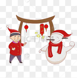 手绘卡通可爱新年元旦鞭炮灯笼雪人插画