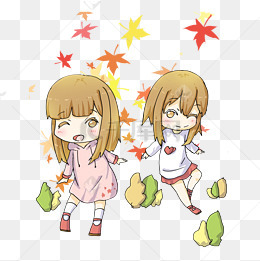 秋季主题两个卡通女孩手绘插画