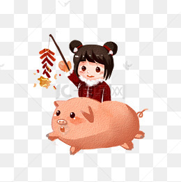 新年中国红可爱骑猪女孩手绘卡通png