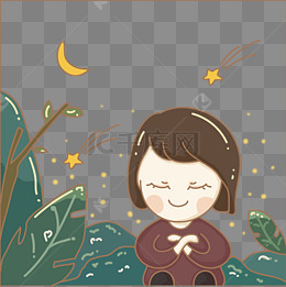 新年节日女孩许愿手绘卡通