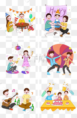 卡通手绘六幅人物共享美好时光创意海报