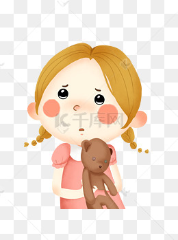 手绘卡通抱着小熊玩具的可怜委屈小女孩可商用元素
