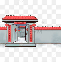 春节古城灯笼对联红瓦房子手绘插画psd