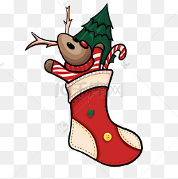 圣诞节红色可爱圣诞袜麋鹿娃娃树免抠元素