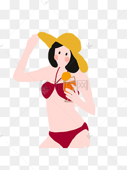 喝橙汁的比基尼泳衣美女