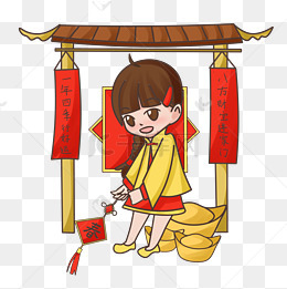 手绘春节挂春联女孩插画