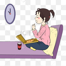 冬季宅在家的小女孩在吃零食手绘插画