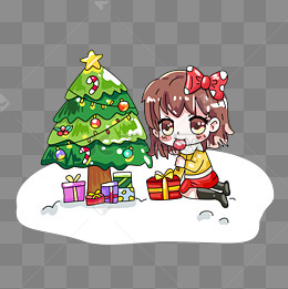 在圣诞树旁拆礼物的女孩