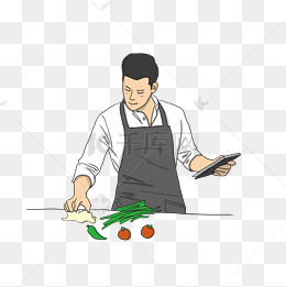 美食帅气男厨师边看菜谱边做菜插