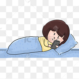 躺在床上刷手机的卡通女孩