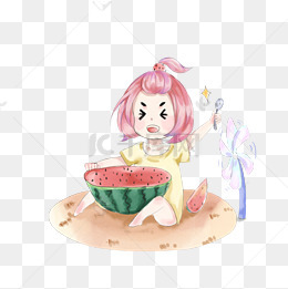 夏季大暑可爱小女孩吃西瓜插画
