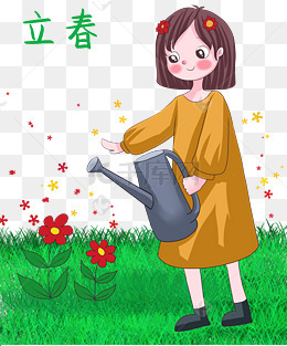 雨水二十四节气春天下雨卡通人物小清新打伞