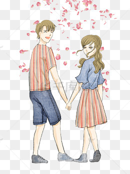 身穿情侣装在花瓣雨中牵手的男孩女孩