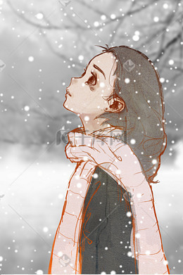 纯手绘雪景中的文艺女生