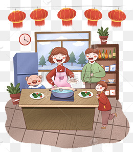手绘小清新新春佳节煮饺子的一家人下载