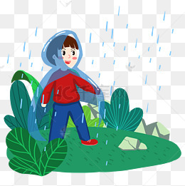 男孩穿雨衣户外赏雨手绘人物png