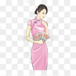 穿粉色旗袍拿着扇子的女人免扣图