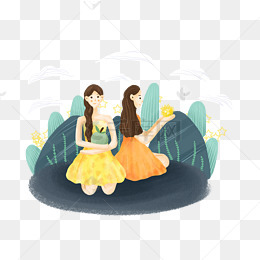 春游人物可爱卡通的两个小女孩插画