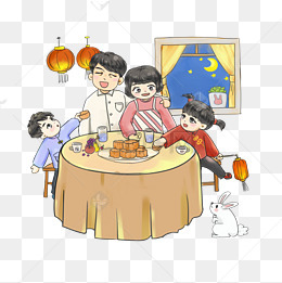手绘卡通中秋节全家团聚吃月饼