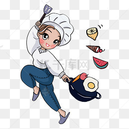 三八女神节蓝白色系手绘插画厨师帽的女生拿锅炒菜电影