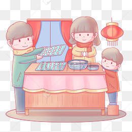 元宵节人物一家三口包汤圆卡通手绘免扣png