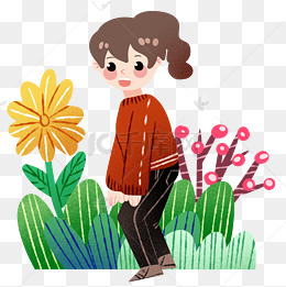 踏青的小女孩和小花