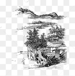 水墨线条简约山水国画墨迹红日png