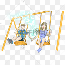 坐在荧光蝴蝶中荡秋千的情侣梦幻插画
