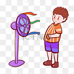 夏天吹风扇的小男孩手绘插画