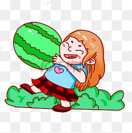 夏天抱着西瓜的女孩手绘