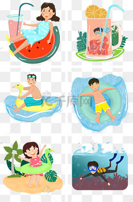 夏天消暑吹空调吃西瓜人物插画