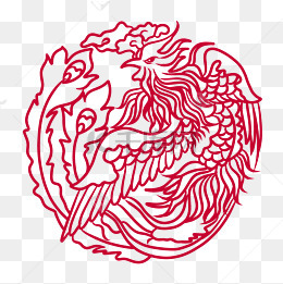 红色凤凰纹饰线描