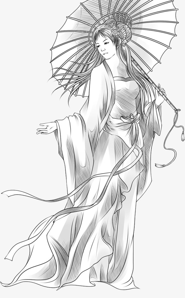 打伞美女手绘古典古代灰色伞