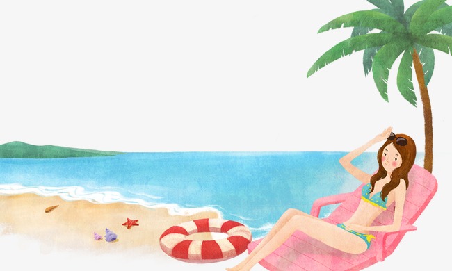 水粉画沙滩海边美女素材图片免费下载_高清装饰图案psd