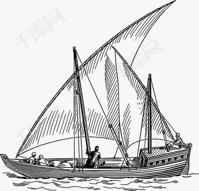 铅笔画帆船铅笔画黑色帆船小船海面装饰素材  