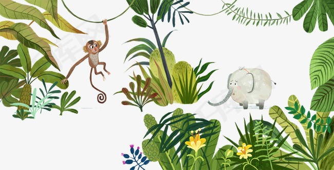 手绘猴子大象森林手绘插画卡通贺卡封面创意插画设计