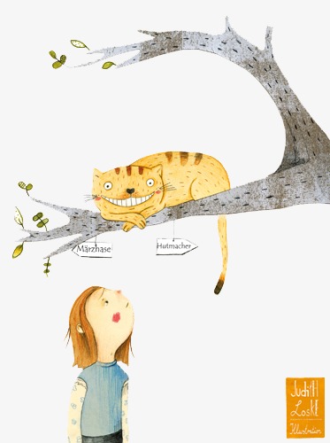 手绘看向树上的猫咪手绘插画卡通贺卡封面创意插画设计
