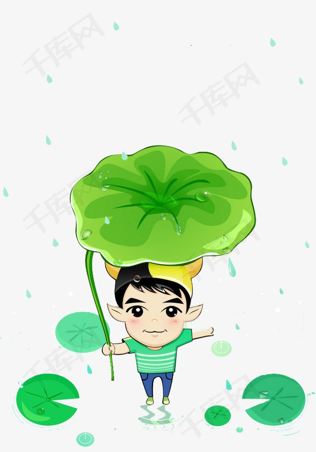 雨天卡通男孩下雨荷叶挡雨插画