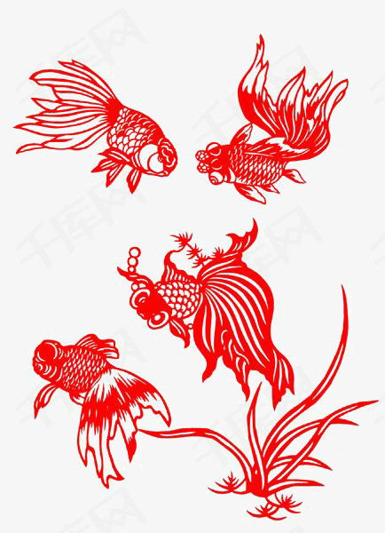 金鱼红色金鱼金鱼剪纸节日元素