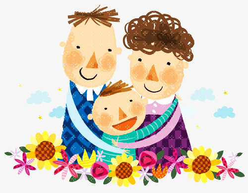 父母和孩子拥抱花卉一家人人物插画云朵