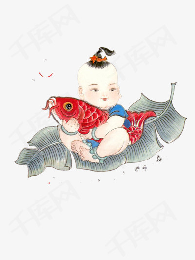 小孩抱鱼鱼儿童树叶年年有余中国风国画      