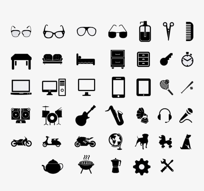 设计提供高清png装饰元素素材免费下载,本次40个黑色休闲娱乐图标矢量