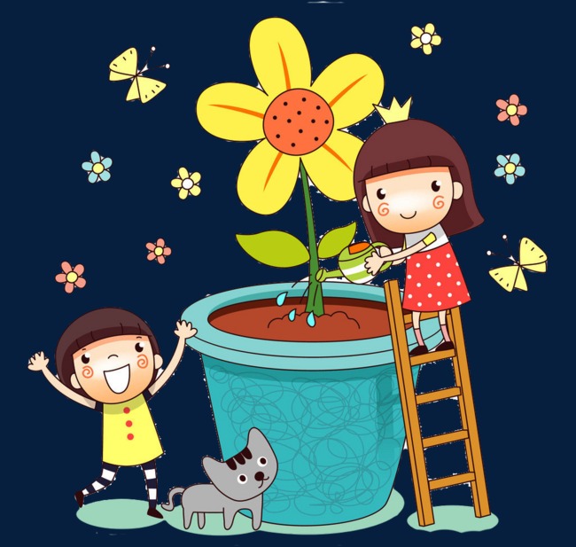 卡通浇花的小姑娘