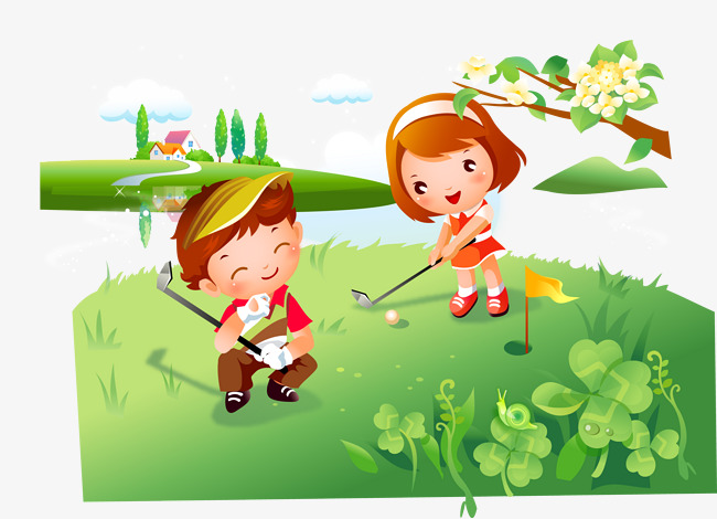 打高尔夫的卡通小孩插画素材