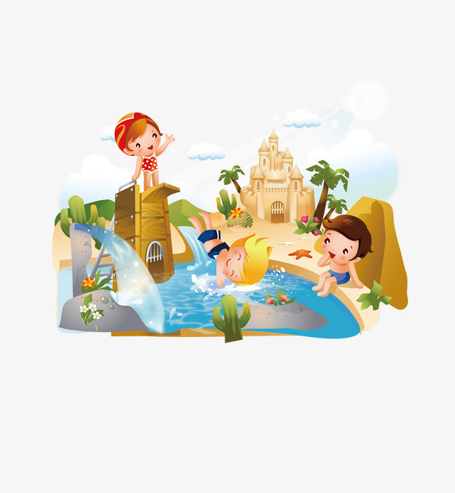 手绘女生跳水游泳运动会比赛插画小场景